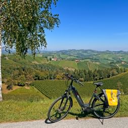 Panoramablick über Weinberge bei Gamlitz mit einem E-Bike im Vordergrund