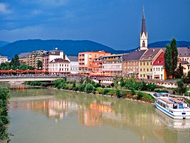 Villach and the river Drau View of Villach and the Drau